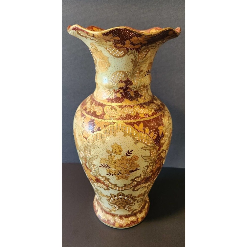 Vintage Japanese Satsuma Moriage 14"!! Porcelain Vase Gold Floral, Sticker ~ EUC